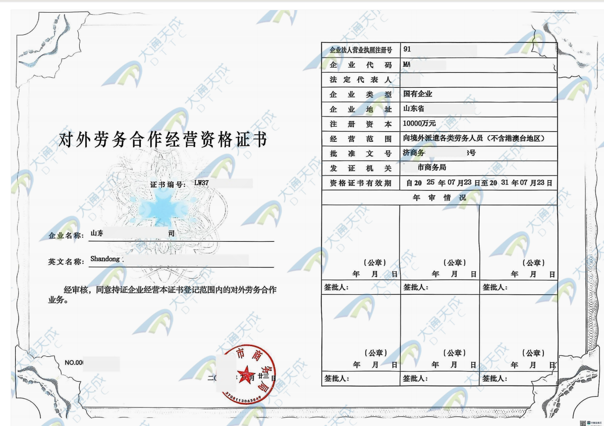 对外劳务合作经营资格证书案例